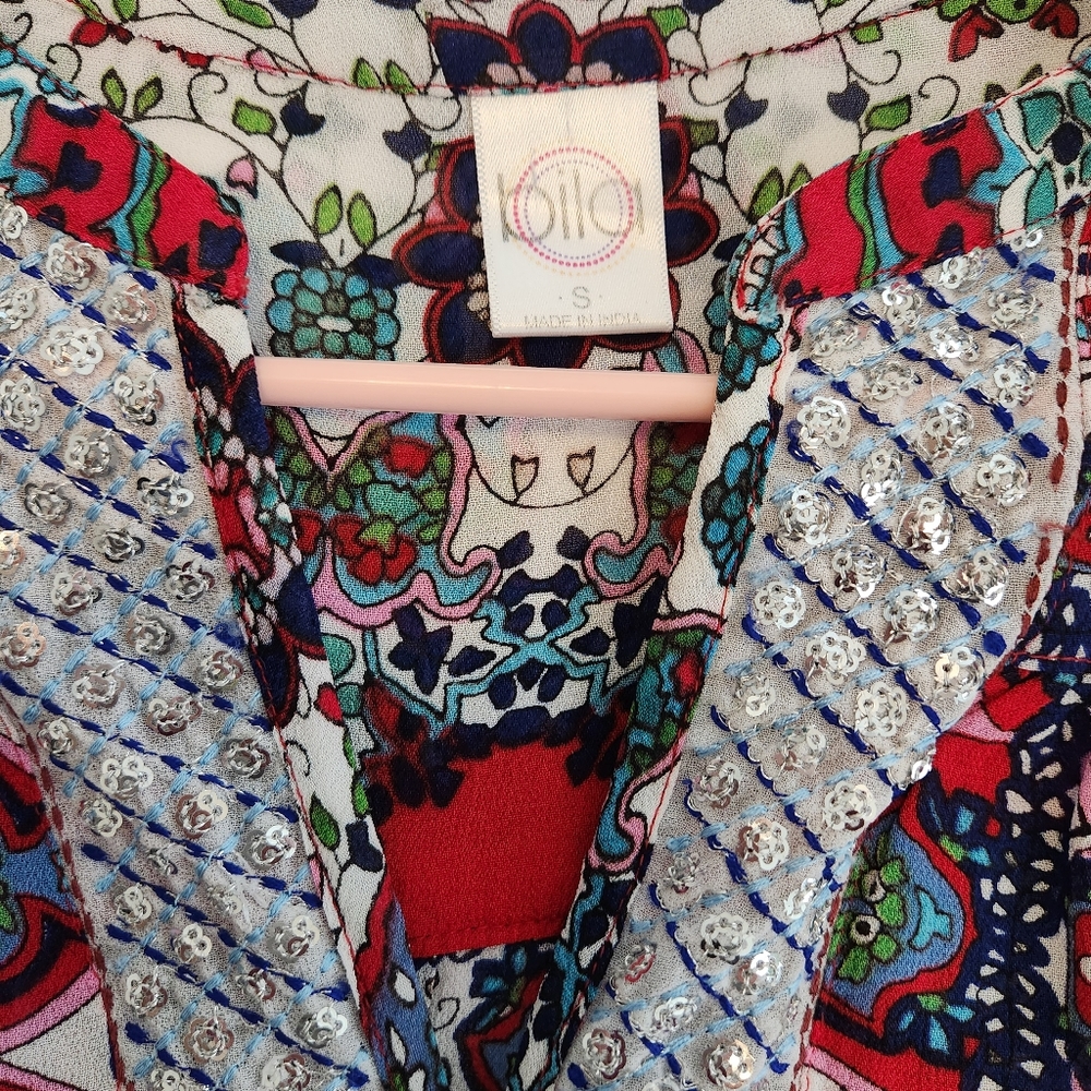 BILA Peasant V Neck Embroidery Paisley Sequins Blue Red Blouse Size Small - Picture 5 of 7